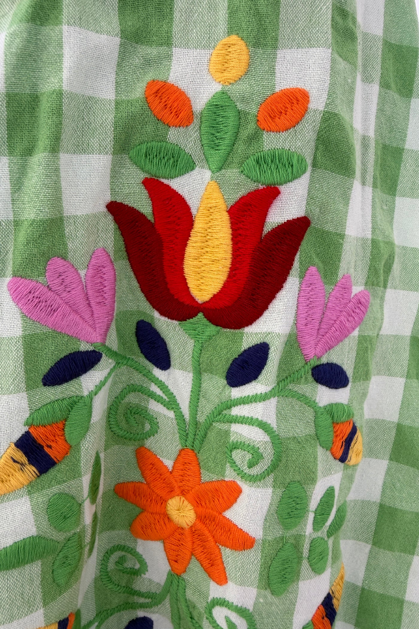 Green Gingham Spring Flowers Embroidered Blouse