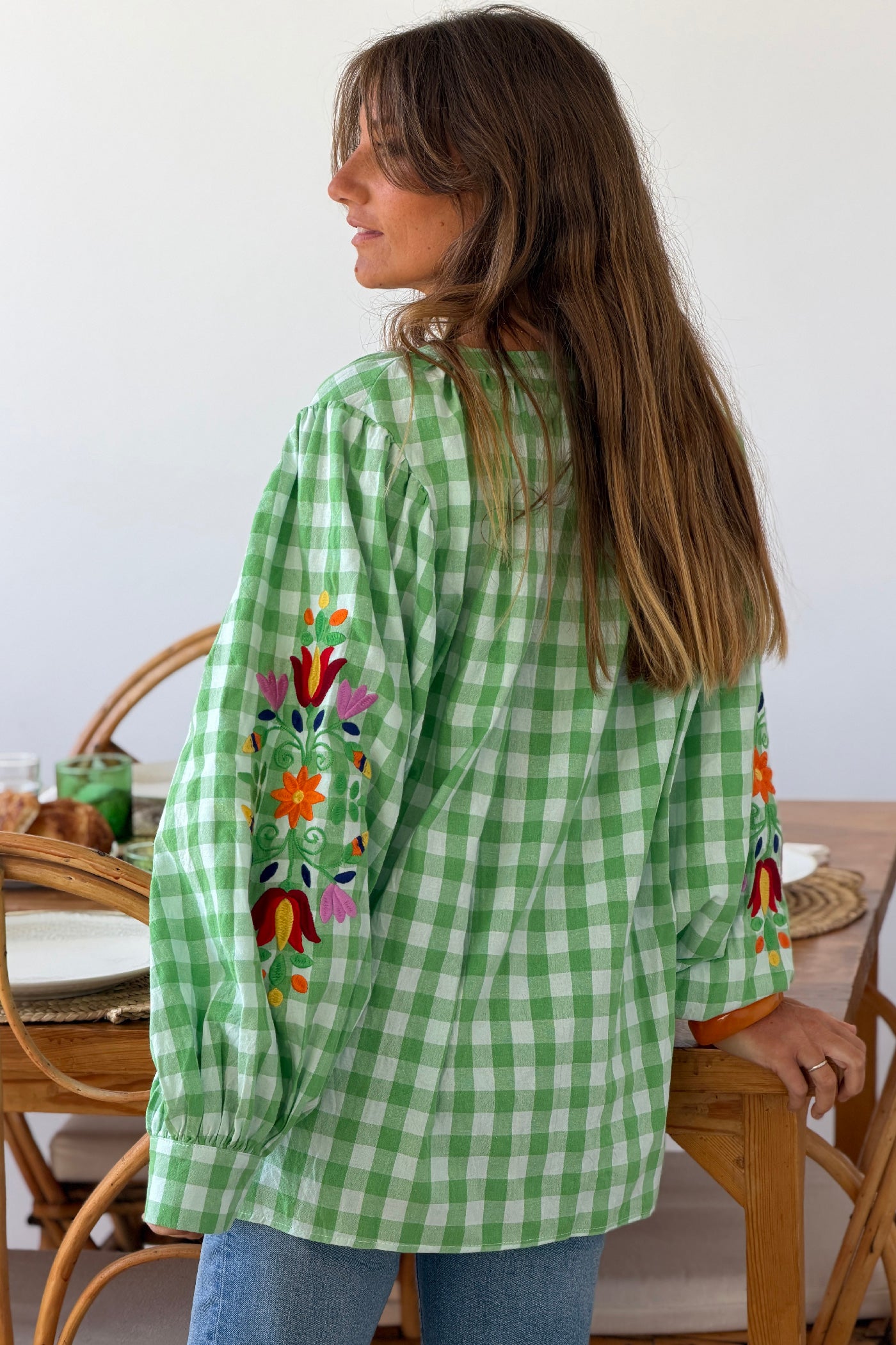 Green Gingham Spring Flowers Embroidered Blouse