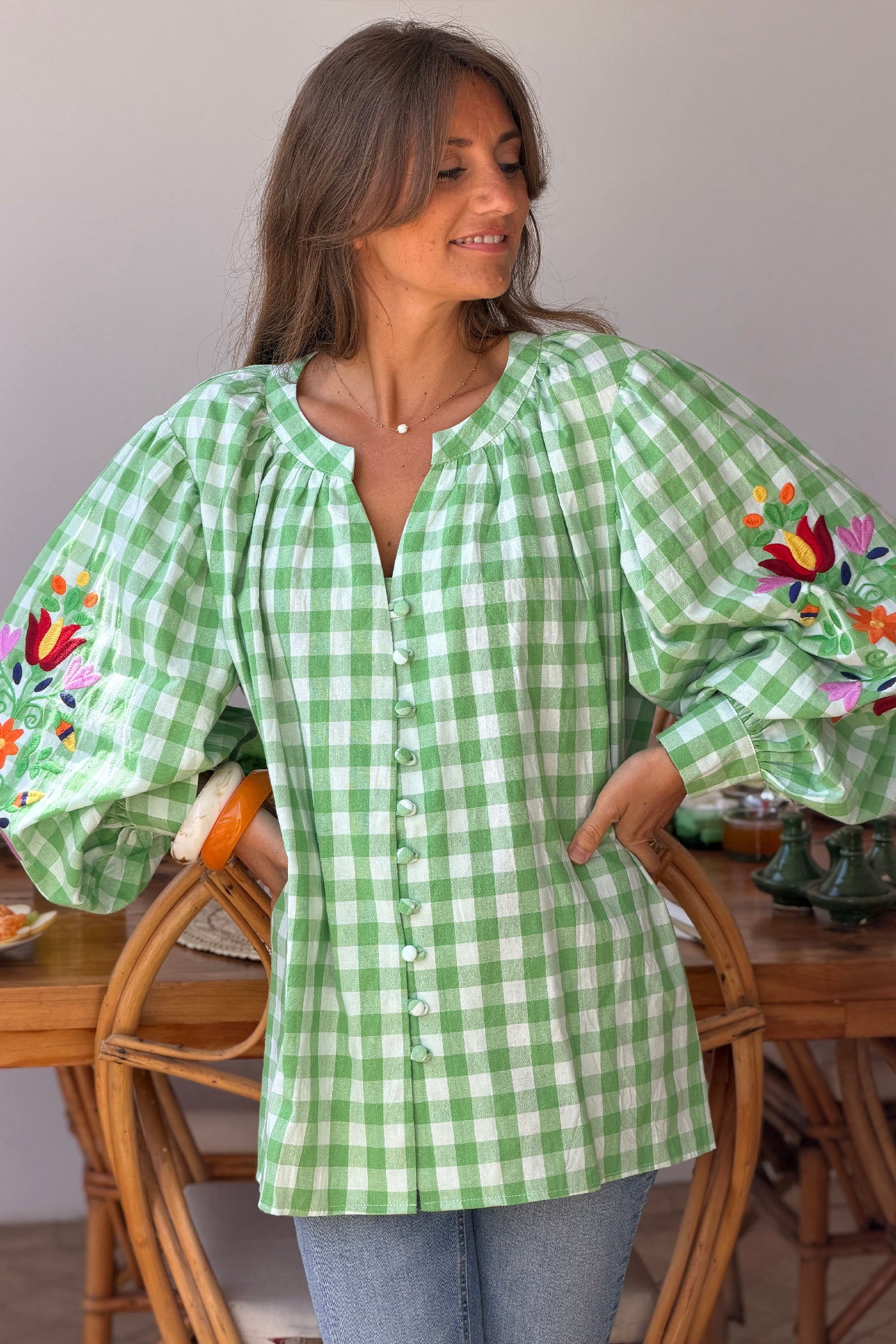 Green Gingham Spring Flowers Embroidered Blouse
