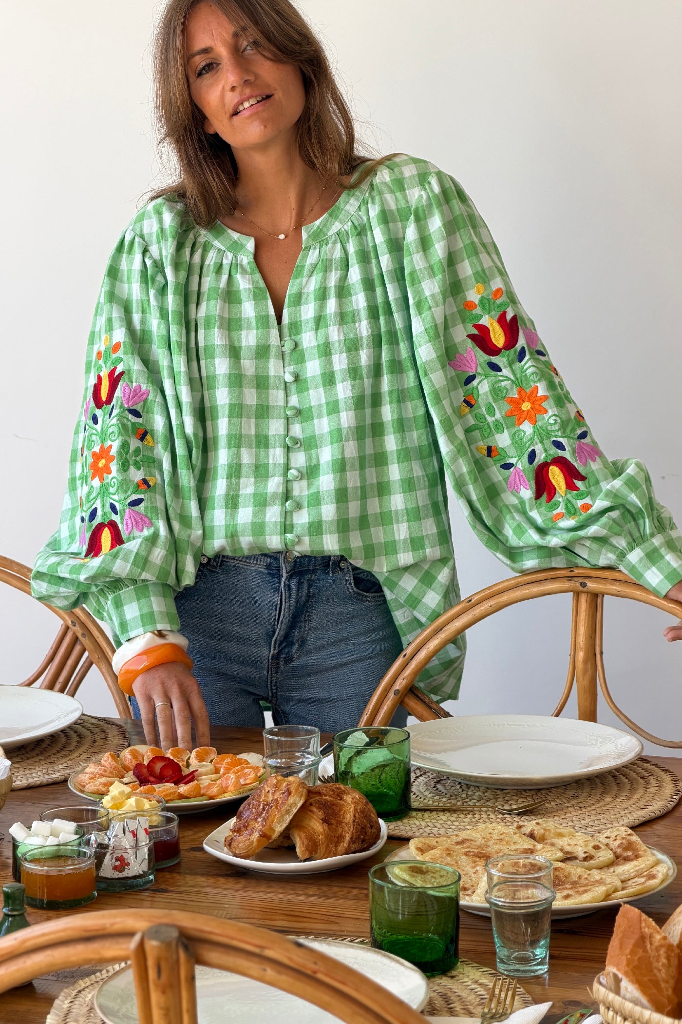 Green Gingham Spring Flowers Embroidered Blouse