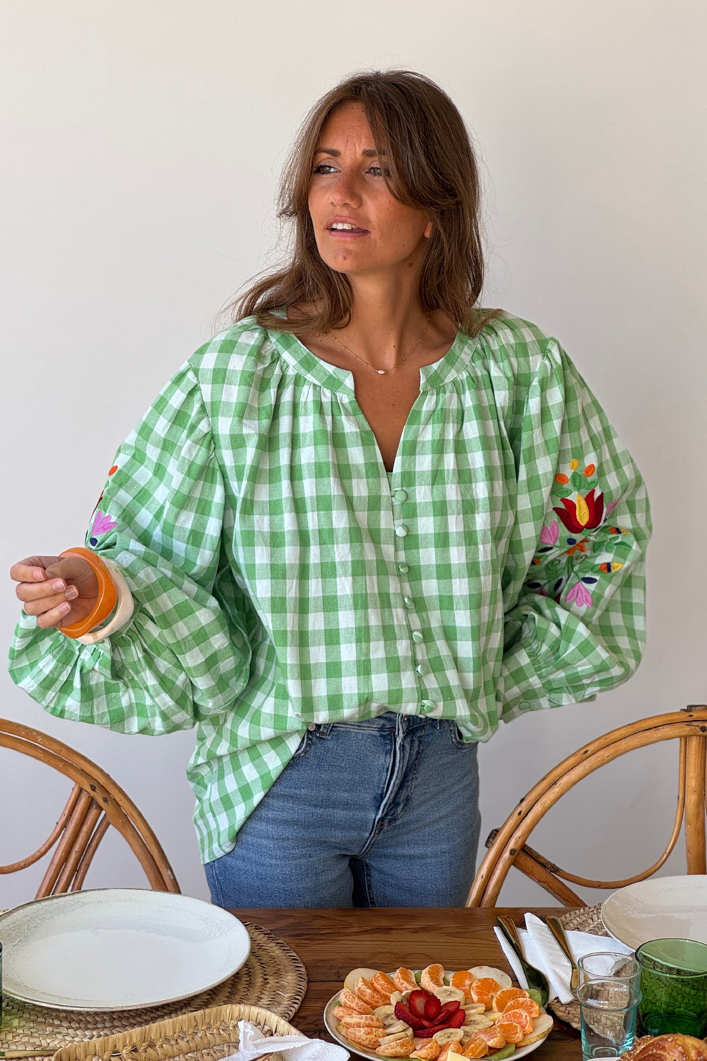 Green Gingham Spring Flowers Embroidered Blouse