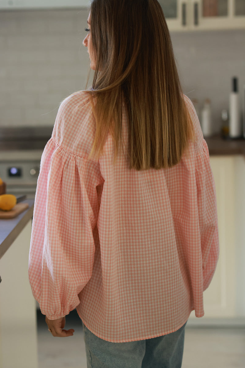 Blusa de algodón efecto gofre con estampado de cuadros vichy rosa coral