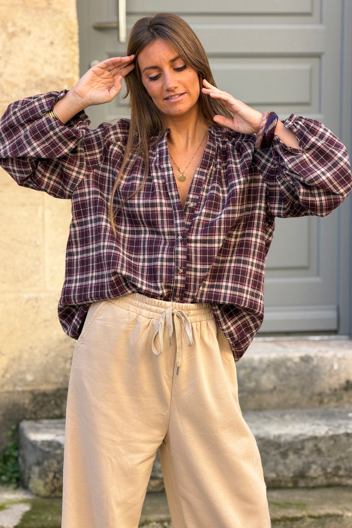 Aubergine Plaid Cotton Flannel Blouse