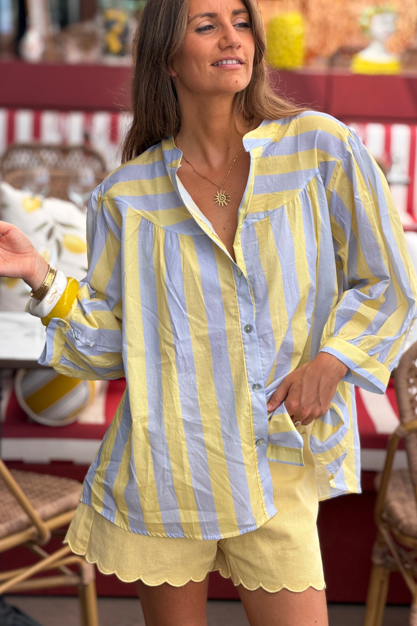 Blue Striped Yoke Front Blouson Top