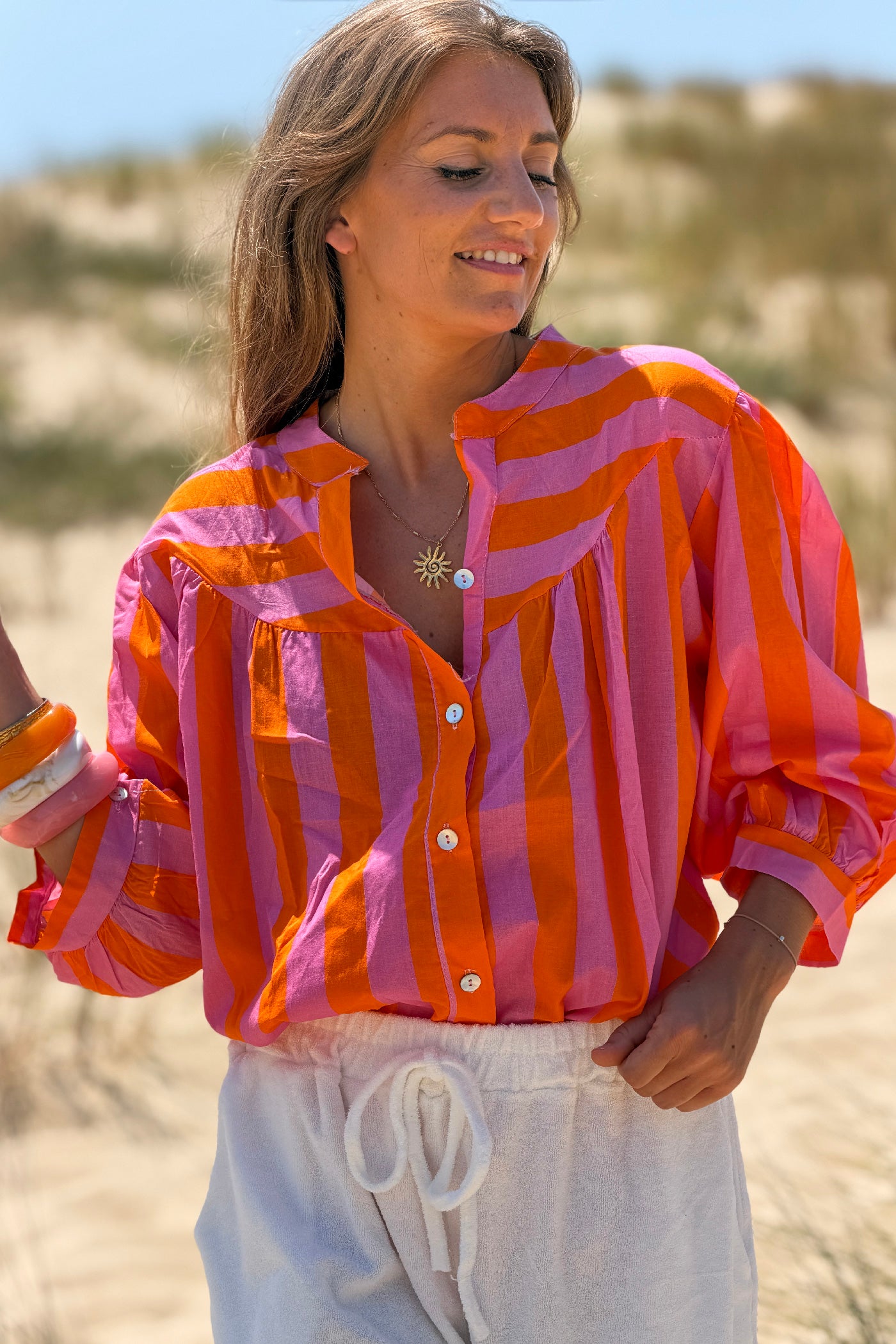 Orange Striped Yoke Front Blouson Top