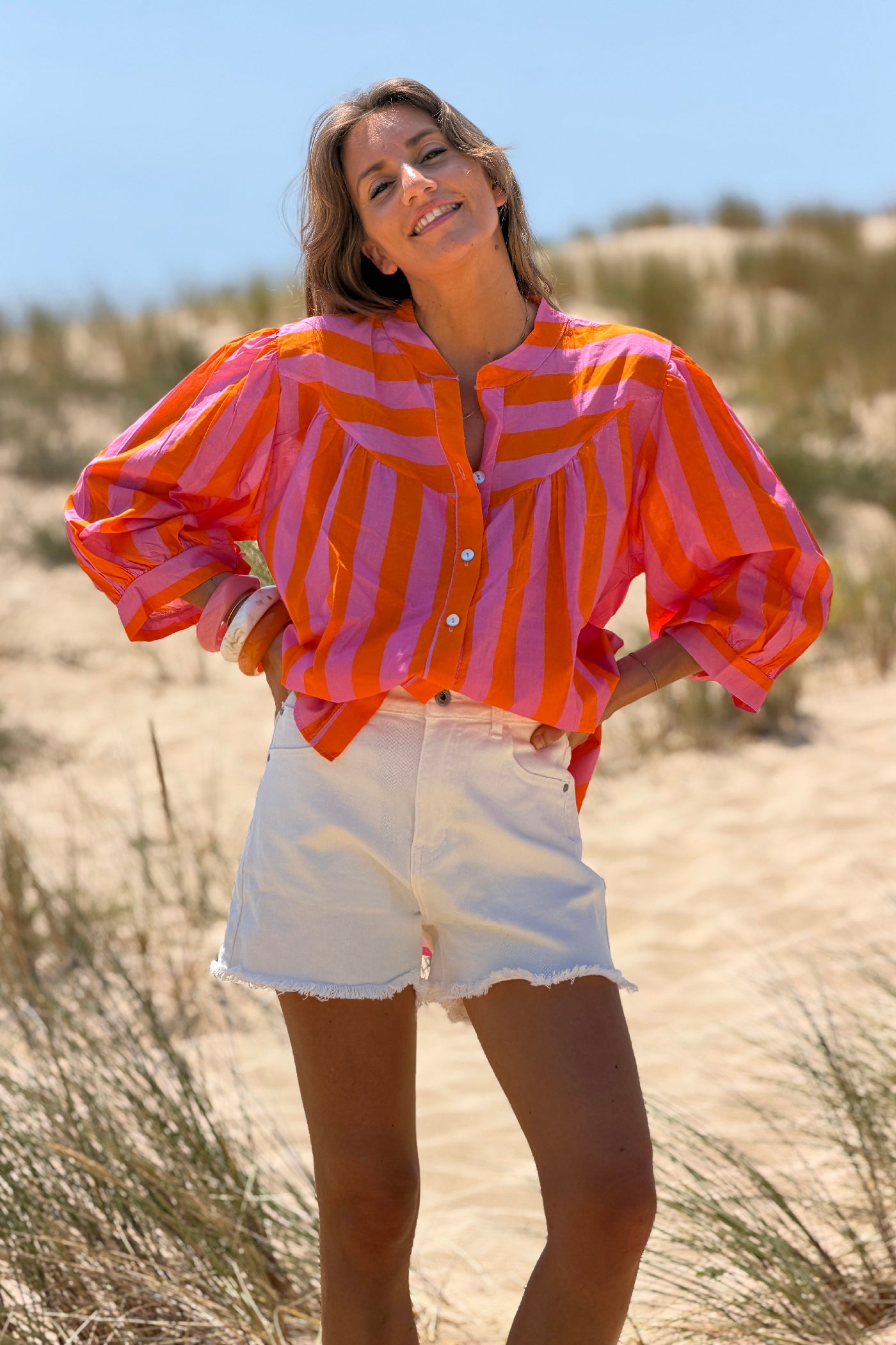 Orange Striped Yoke Front Blouson Top