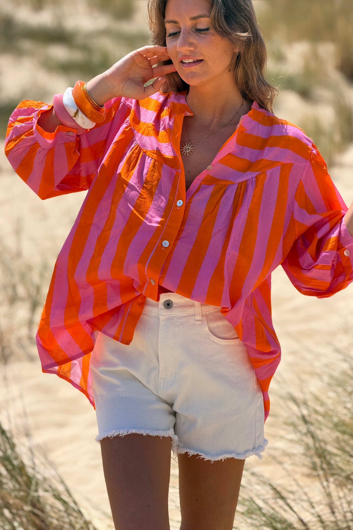 Orange Striped Yoke Front Blouson Top