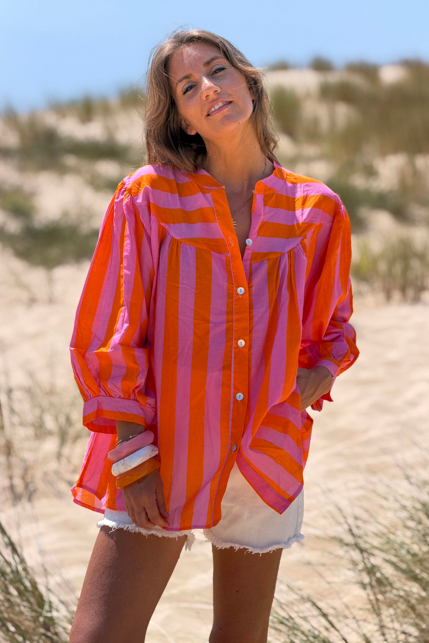 Orange Striped Yoke Front Blouson Top