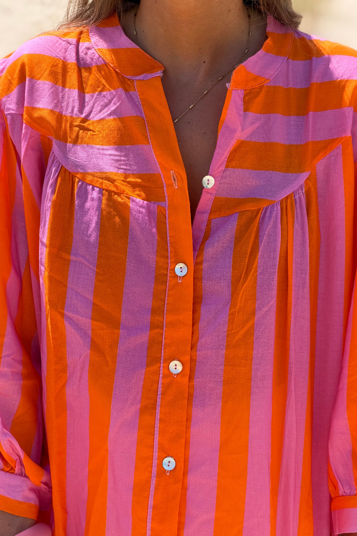 Orange Striped Yoke Front Blouson Top