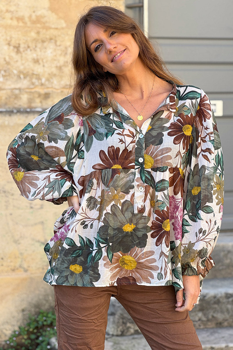 Olive Fall Floral Half-Button Blouse