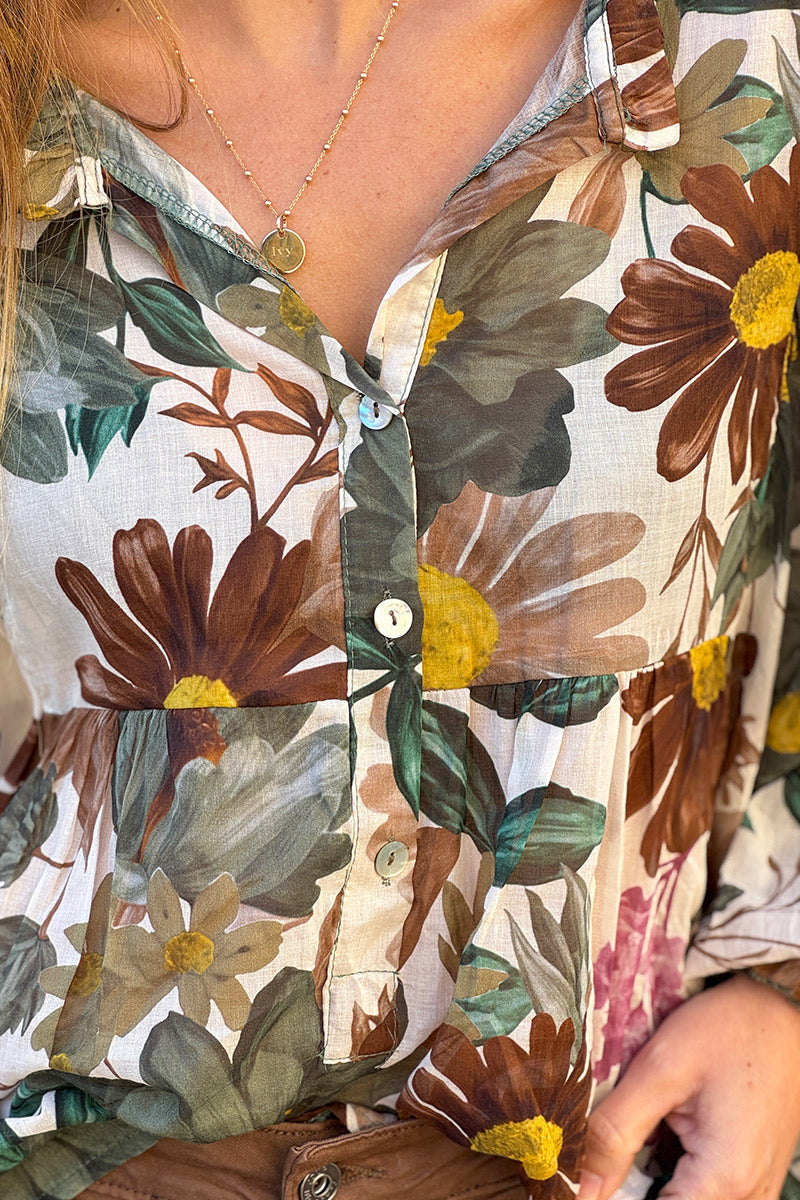 Olive Fall Floral Half-Button Blouse