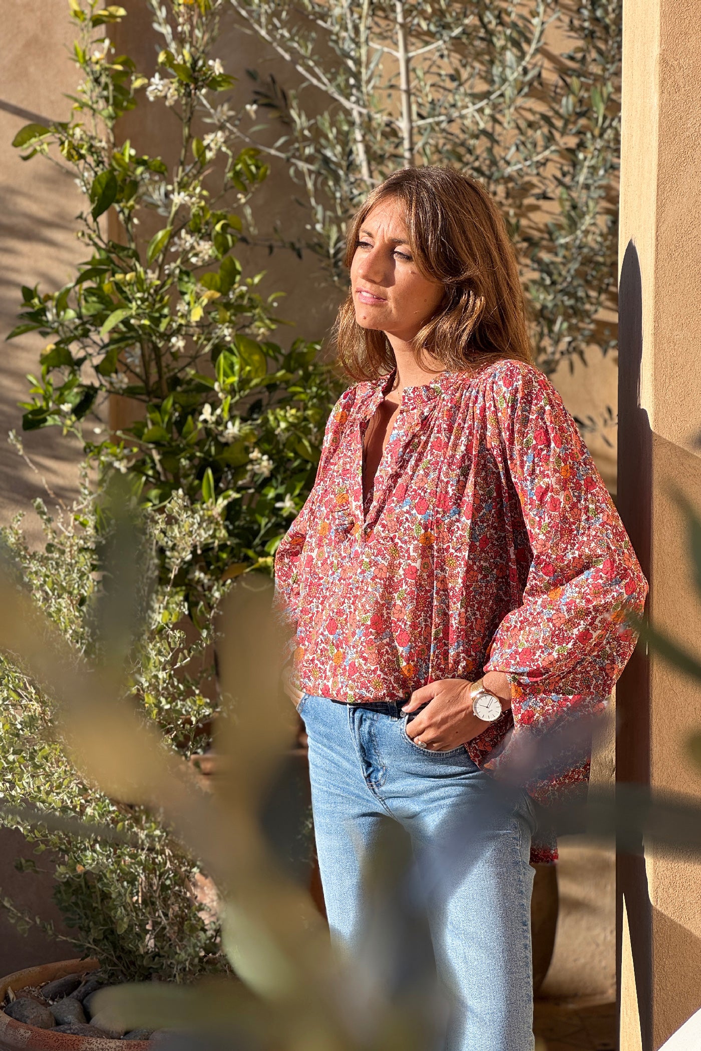 Orange Floral Explosion Ruffled Peasant Blouse