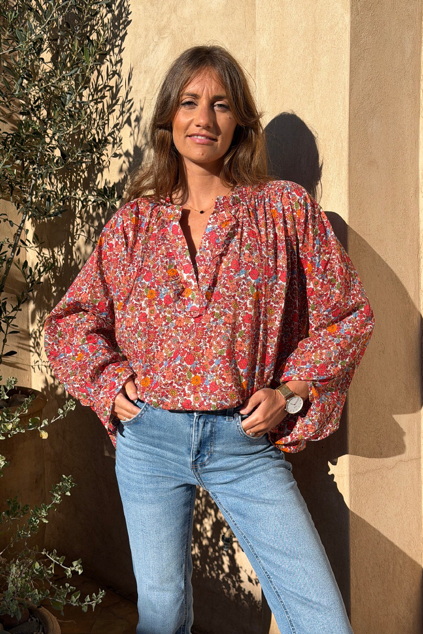 Orange Floral Explosion Ruffled Peasant Blouse