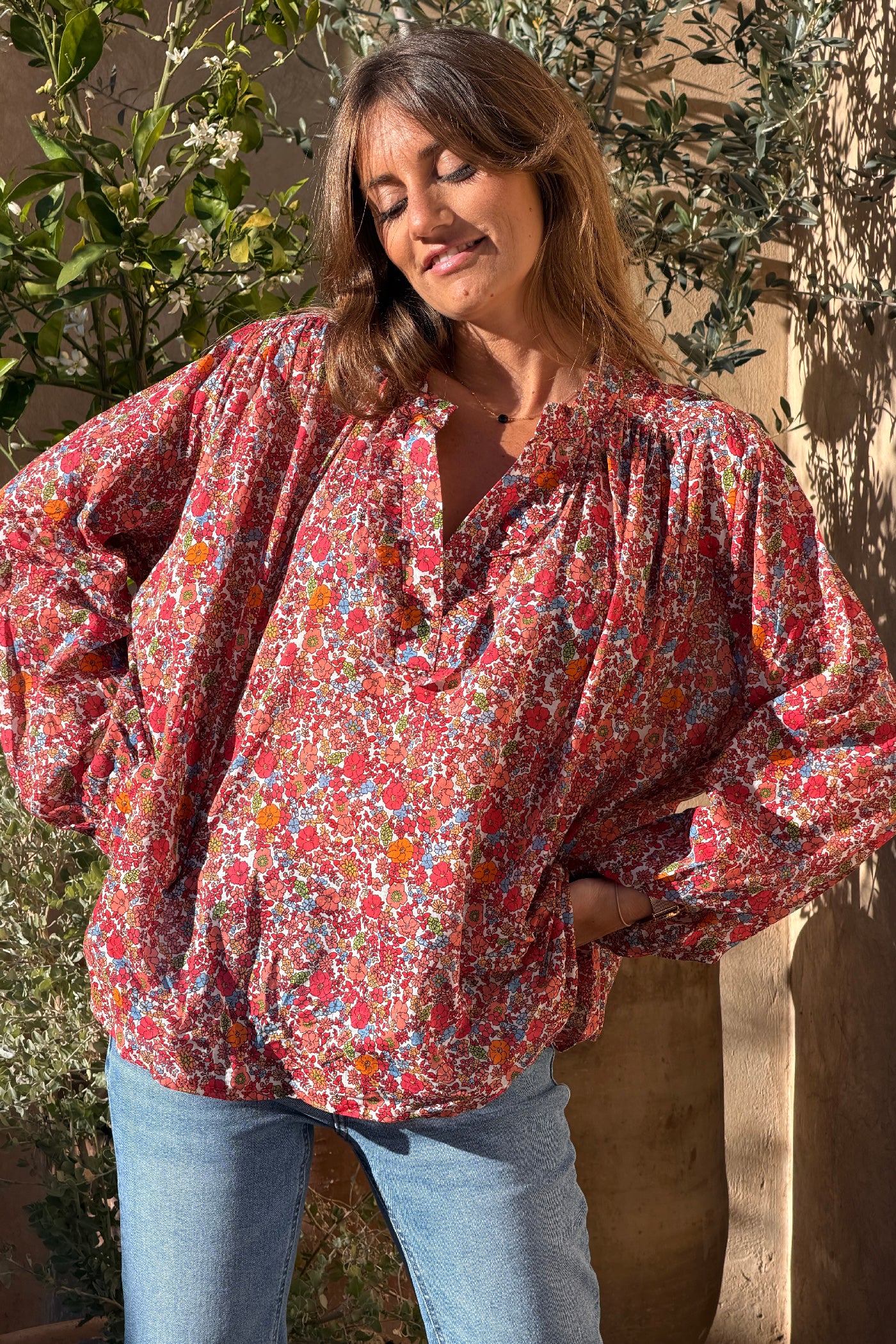 Orange Floral Explosion Ruffled Peasant Blouse