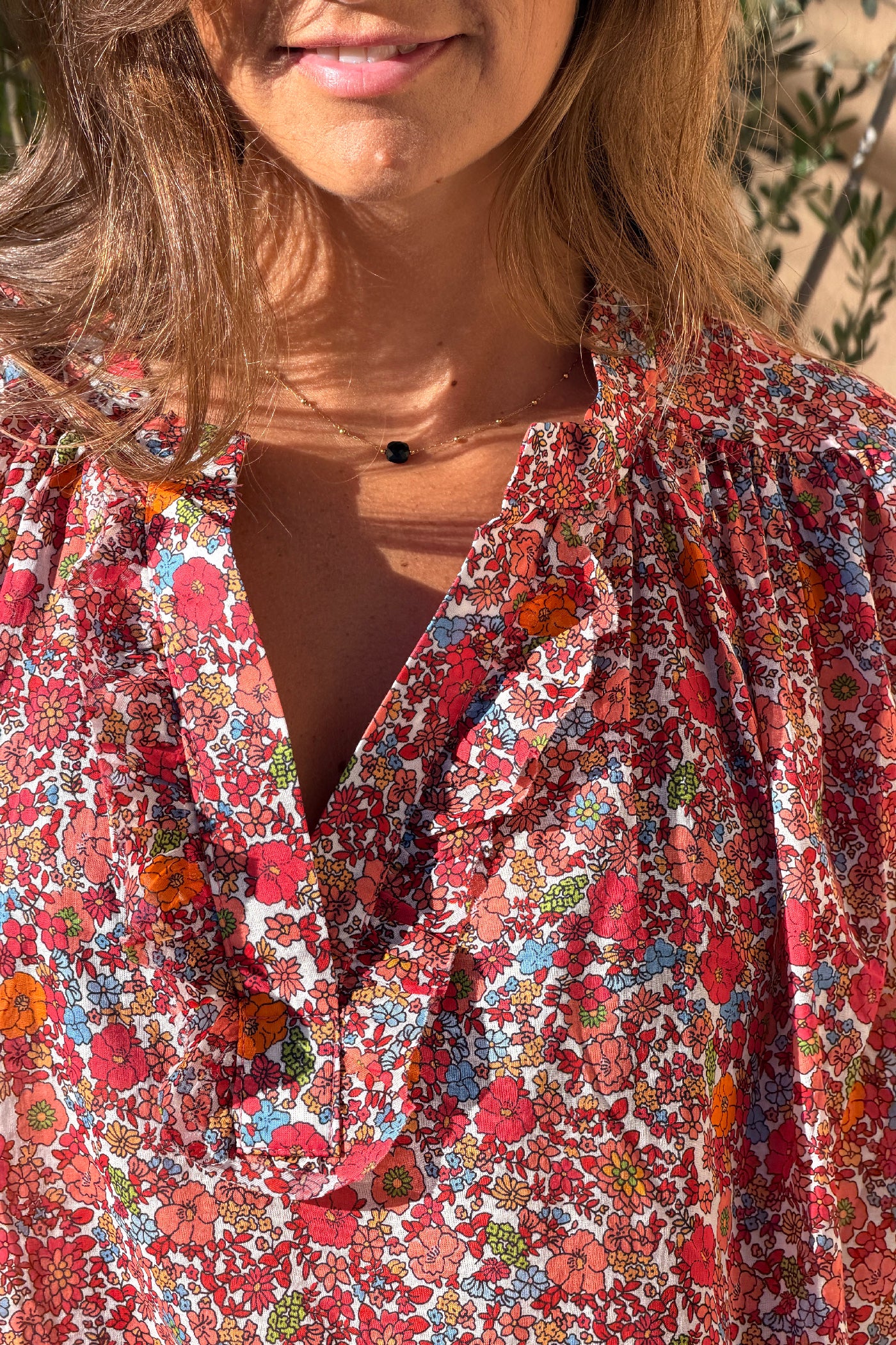 Orange Floral Explosion Ruffled Peasant Blouse