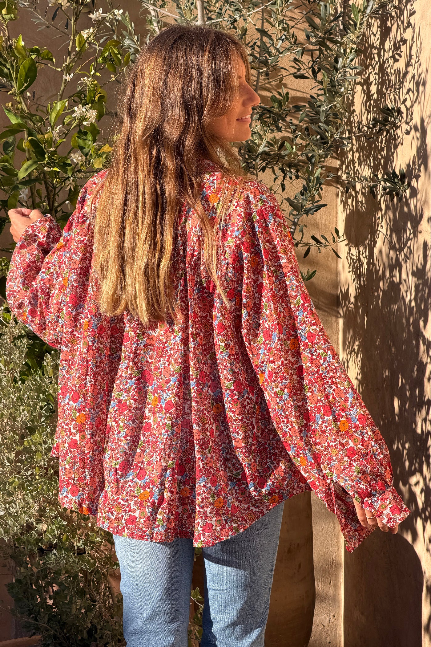 Orange Floral Explosion Ruffled Peasant Blouse