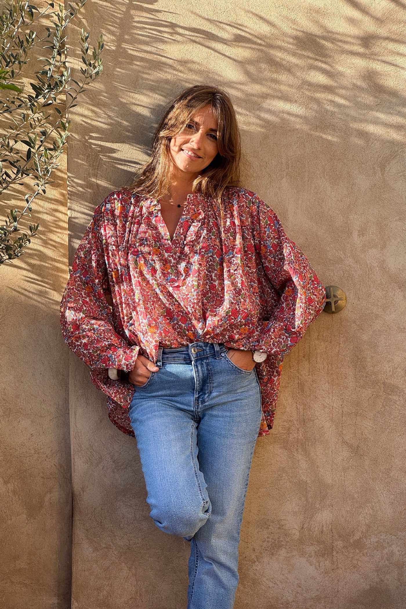 Orange Floral Explosion Ruffled Peasant Blouse