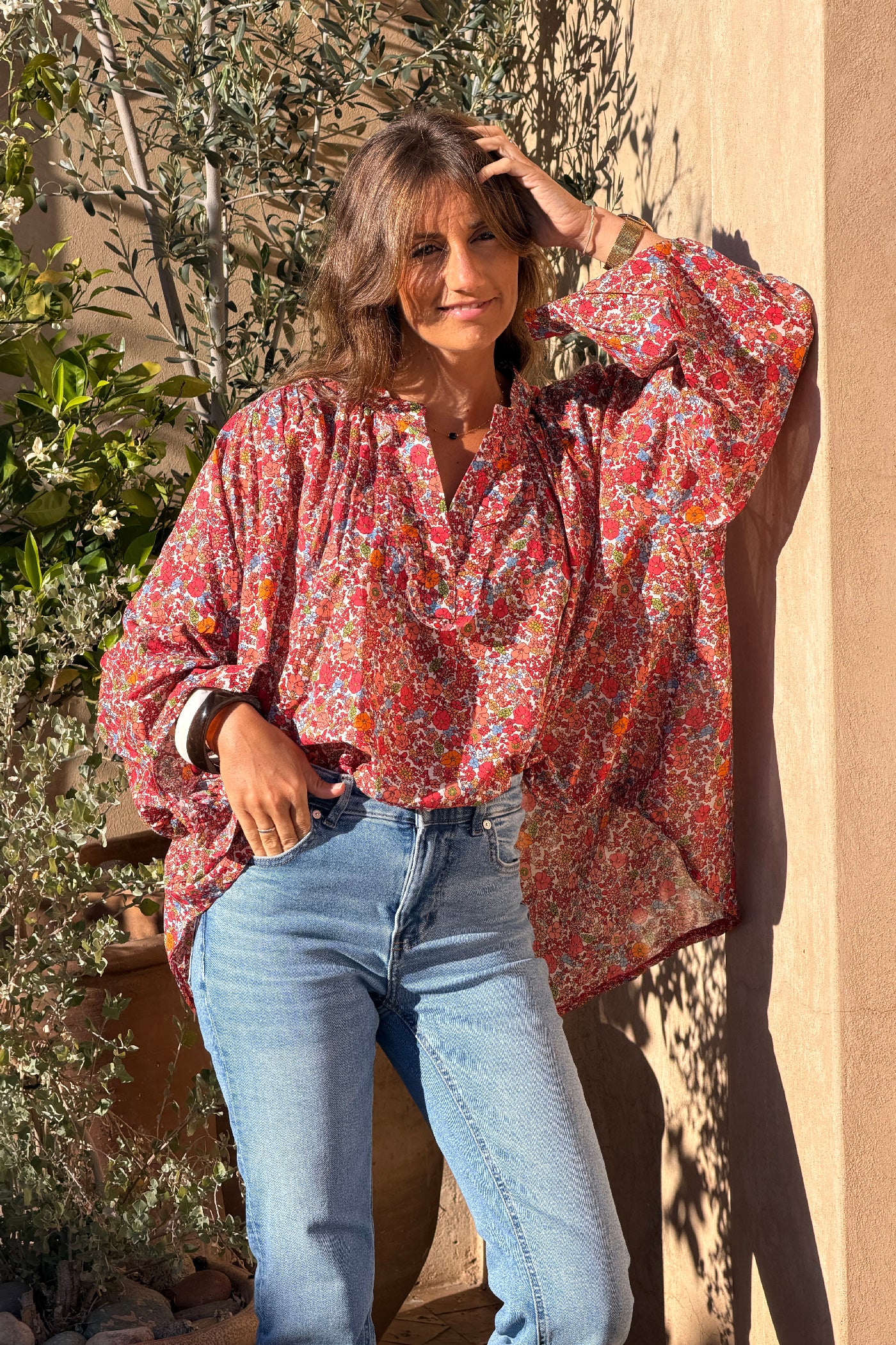 Orange Floral Explosion Ruffled Peasant Blouse