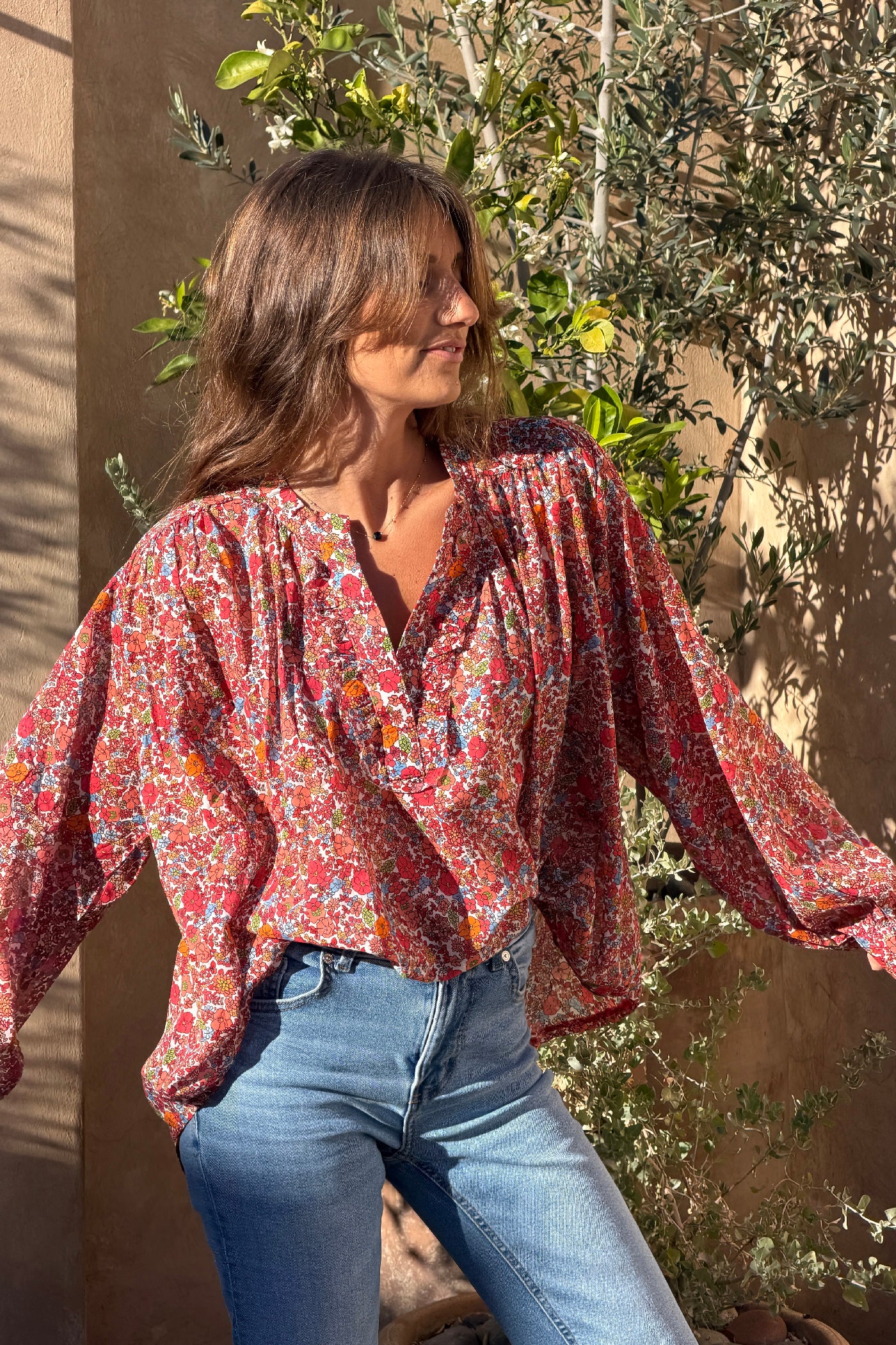 Orange Floral Explosion Ruffled Peasant Blouse