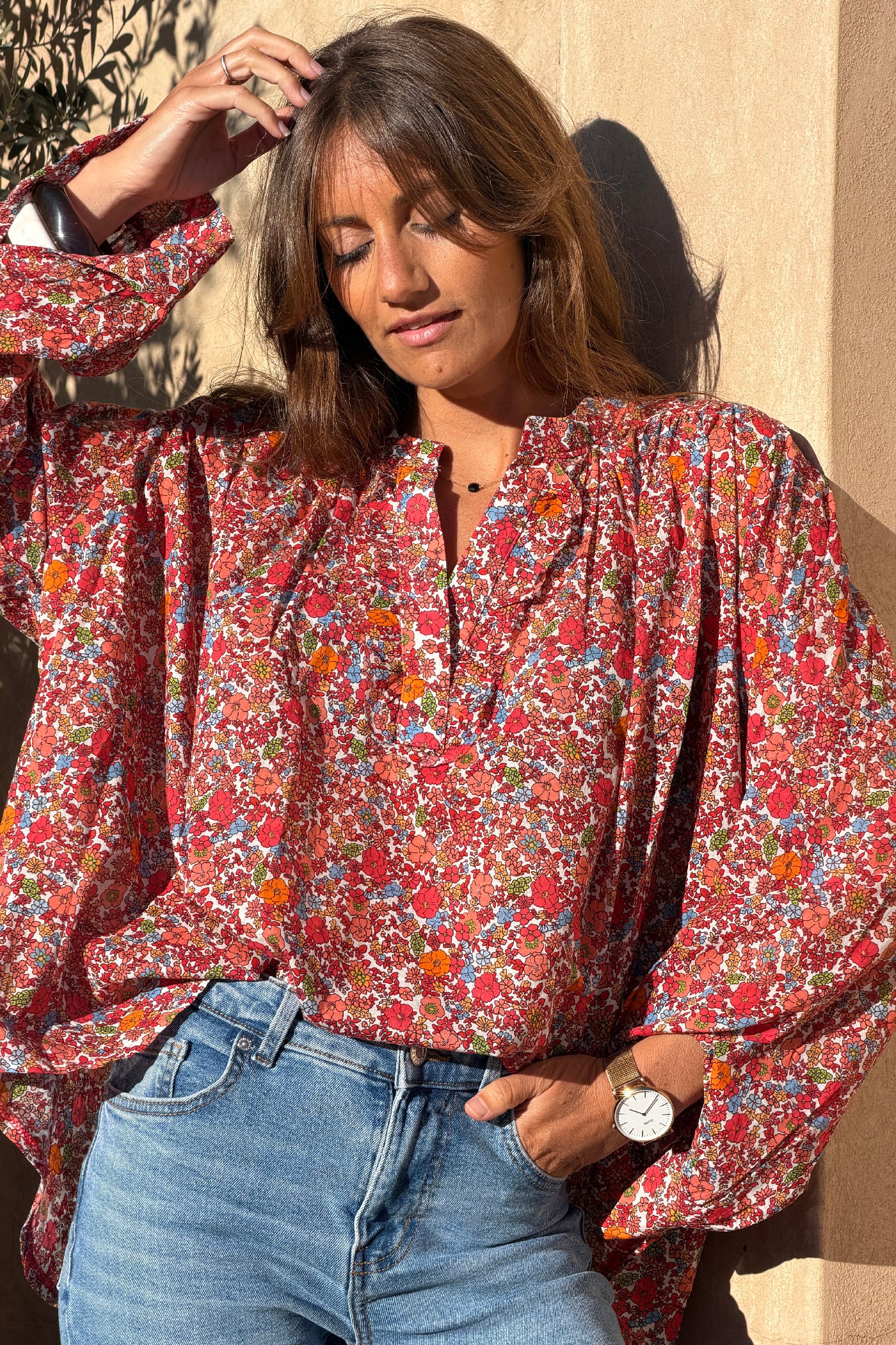 Orange Floral Explosion Ruffled Peasant Blouse