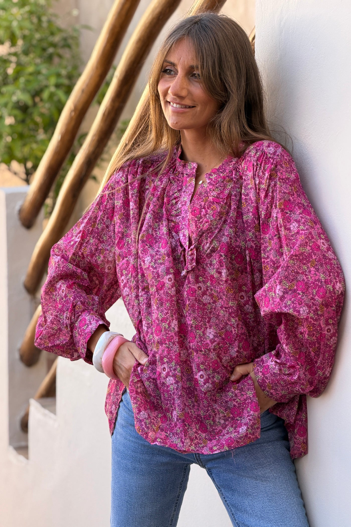 Fuchsia Floral Explosion Ruffled Peasant Blouse