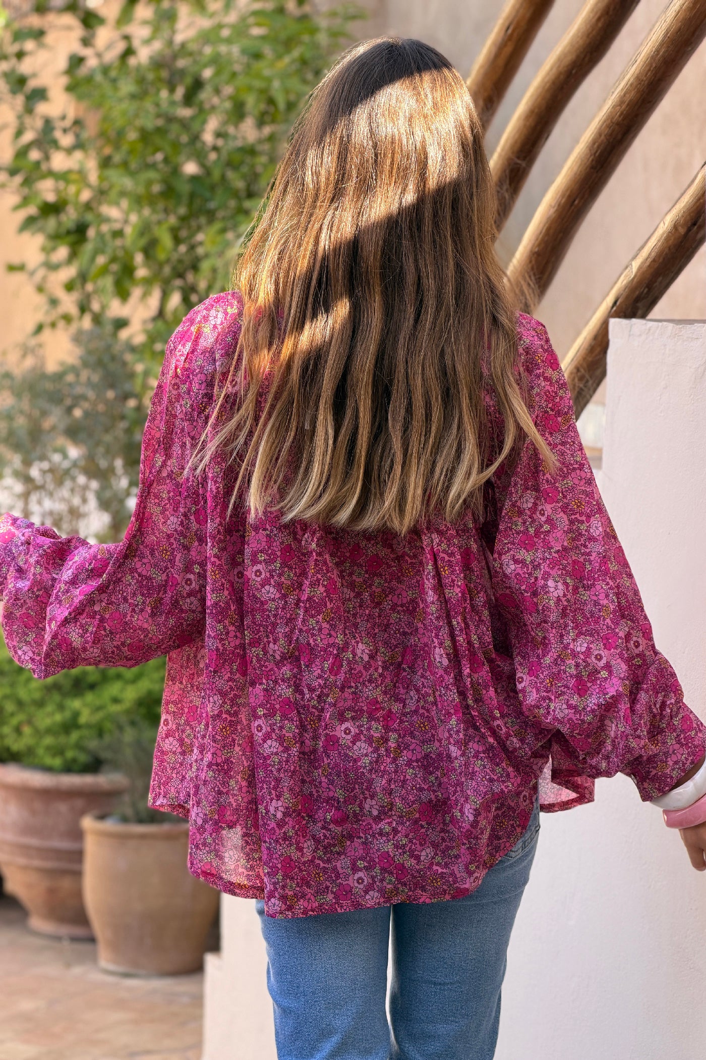 Fuchsia Floral Explosion Ruffled Peasant Blouse