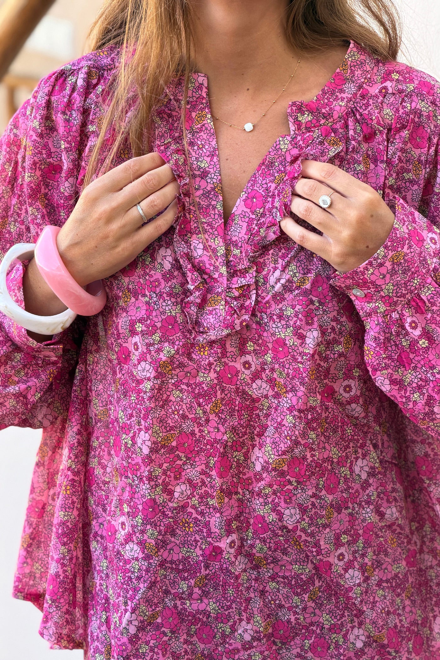 Fuchsia Floral Explosion Ruffled Peasant Blouse