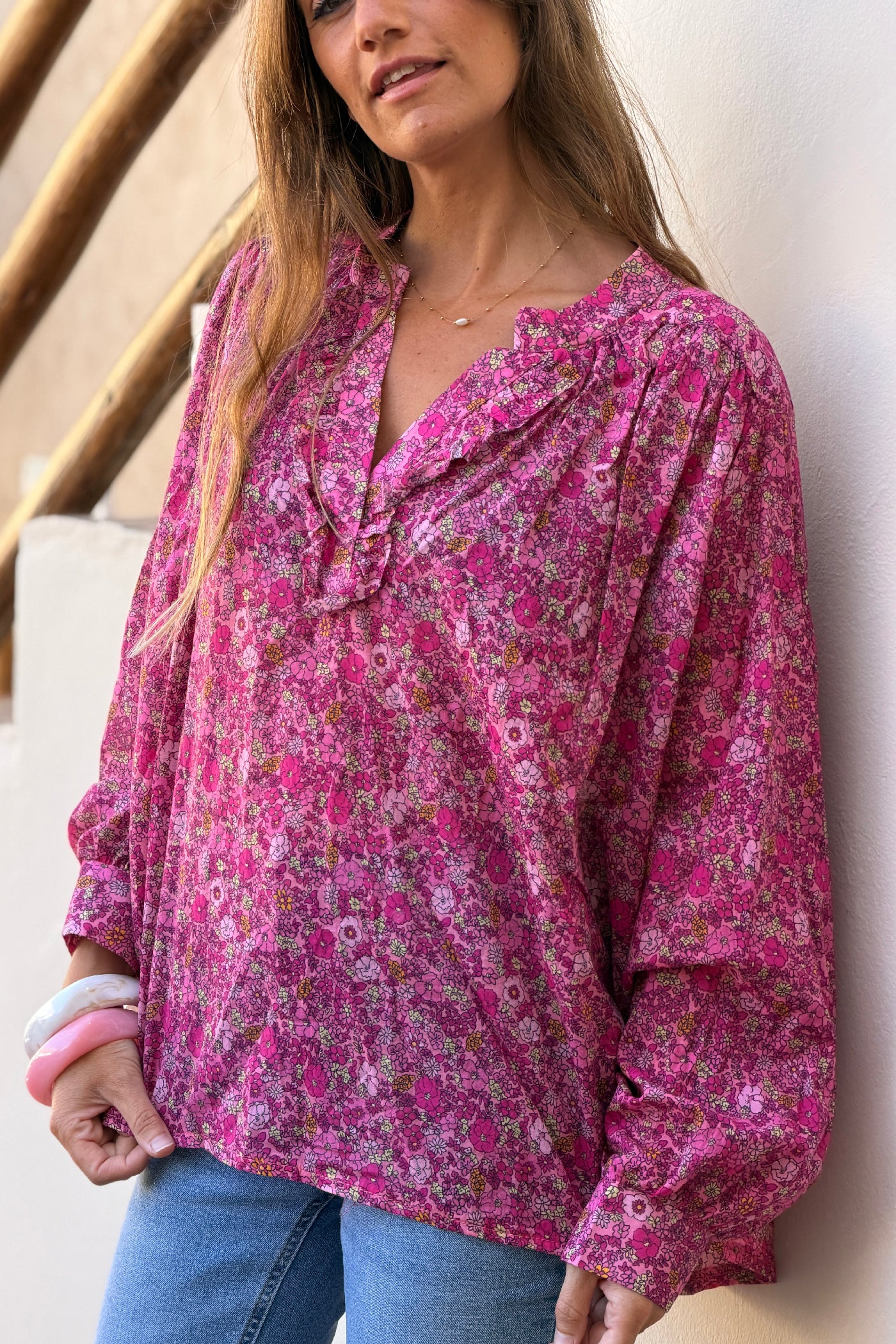 Fuchsia Floral Explosion Ruffled Peasant Blouse