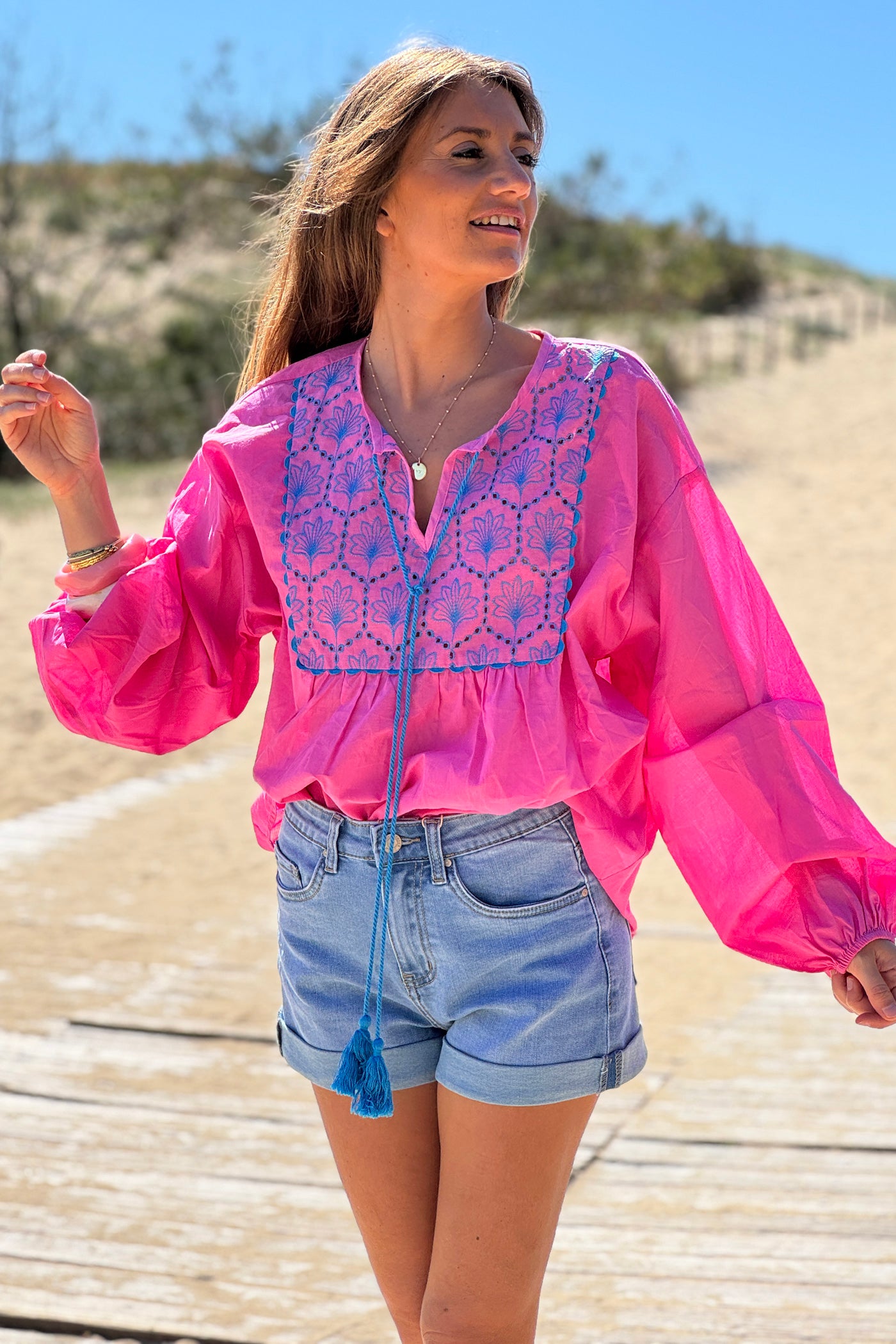 Hot Pink Embroidered Peasant Top