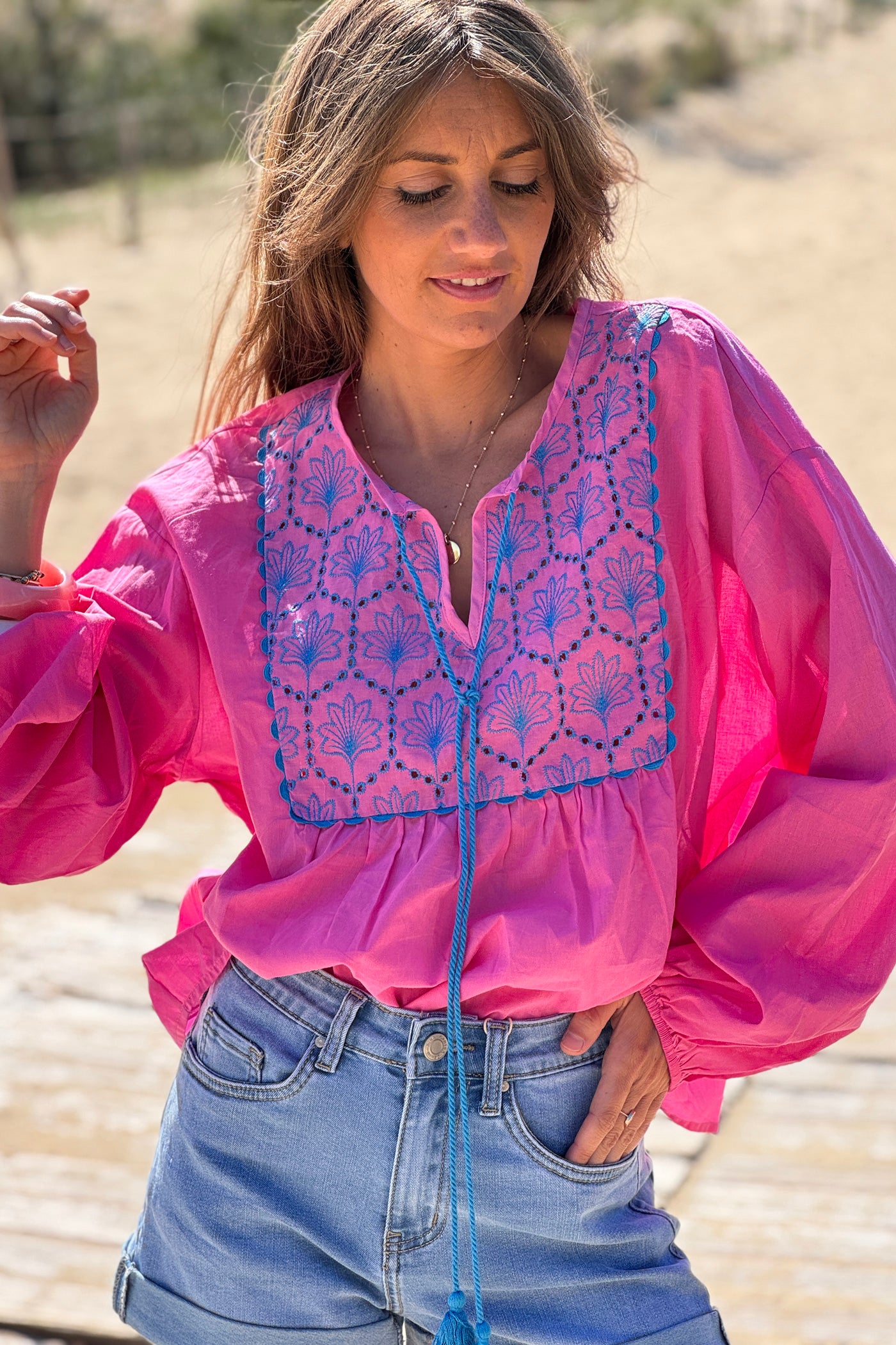 Hot Pink Embroidered Peasant Top
