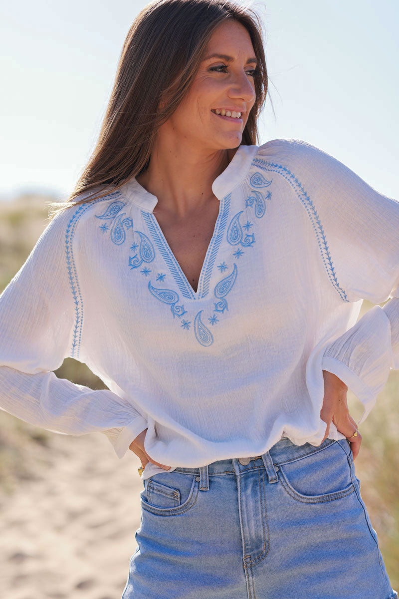 White Cotton Gauze Blouse with Sky Blue Paisley Embroidery