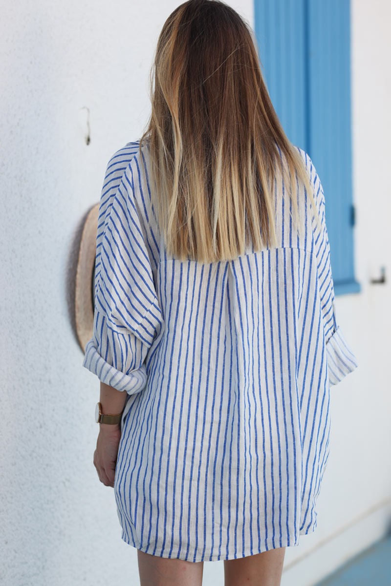 Blouse en lin col v chemise rayures verticales bleu roi