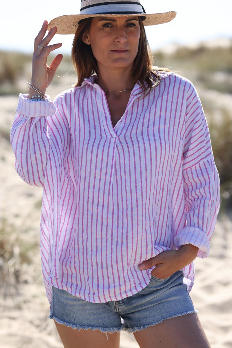 Blouse en lin col v chemise rayures verticales rose