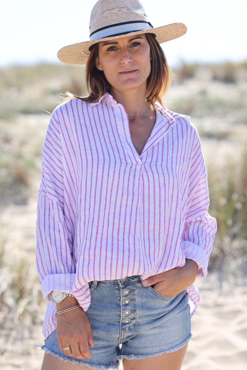 Blouse en lin col v chemise rayures verticales rose