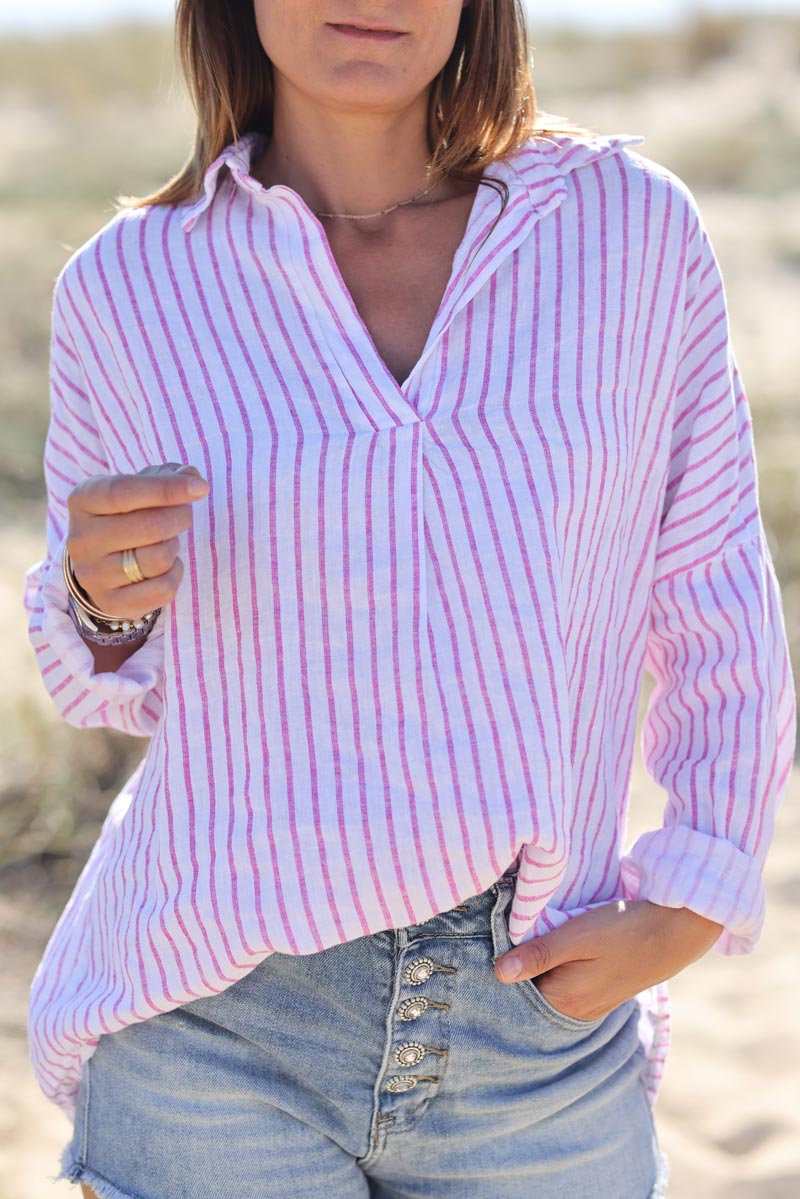 Blouse en lin col v chemise rayures verticales rose