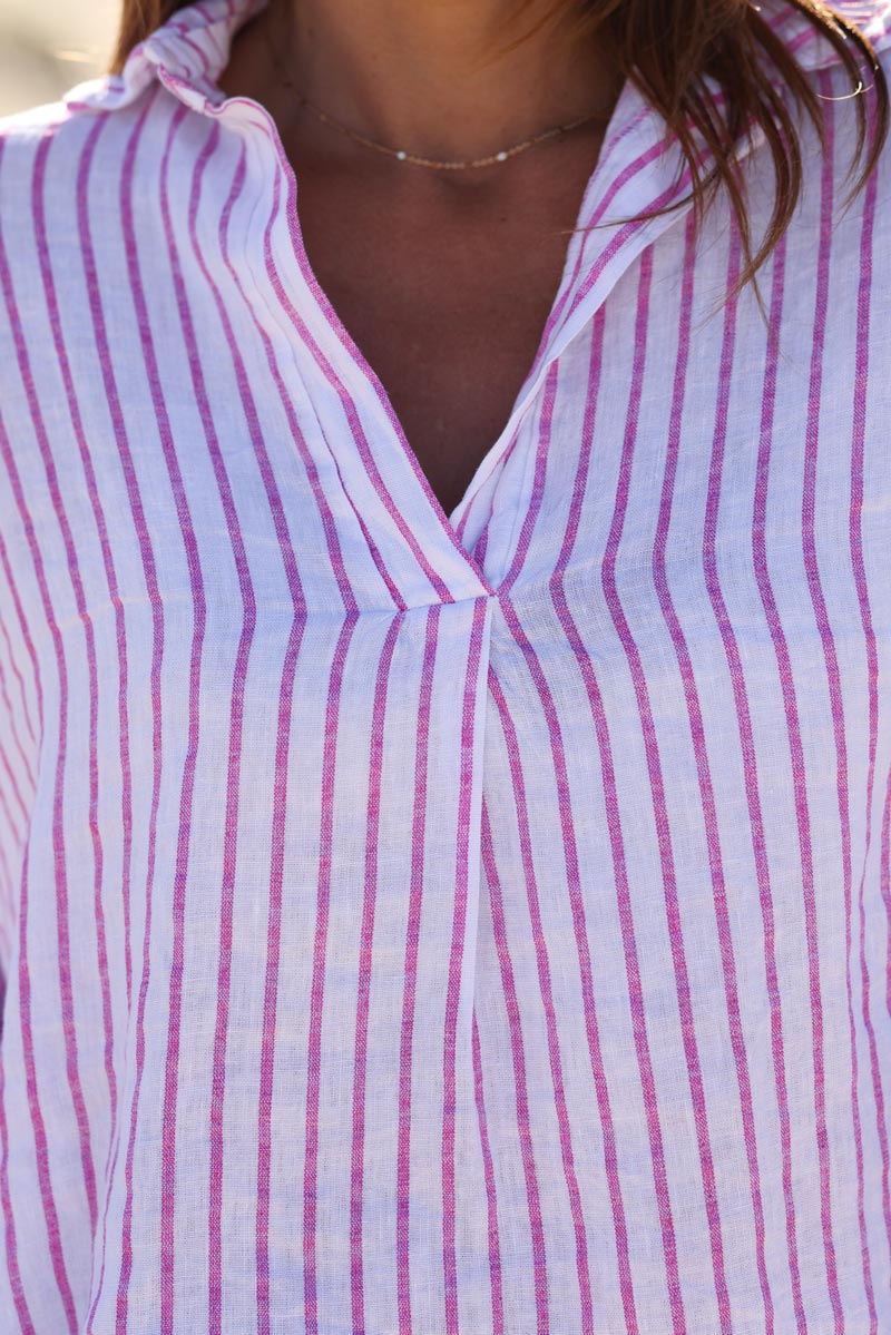 Blouse en lin col v chemise rayures verticales rose