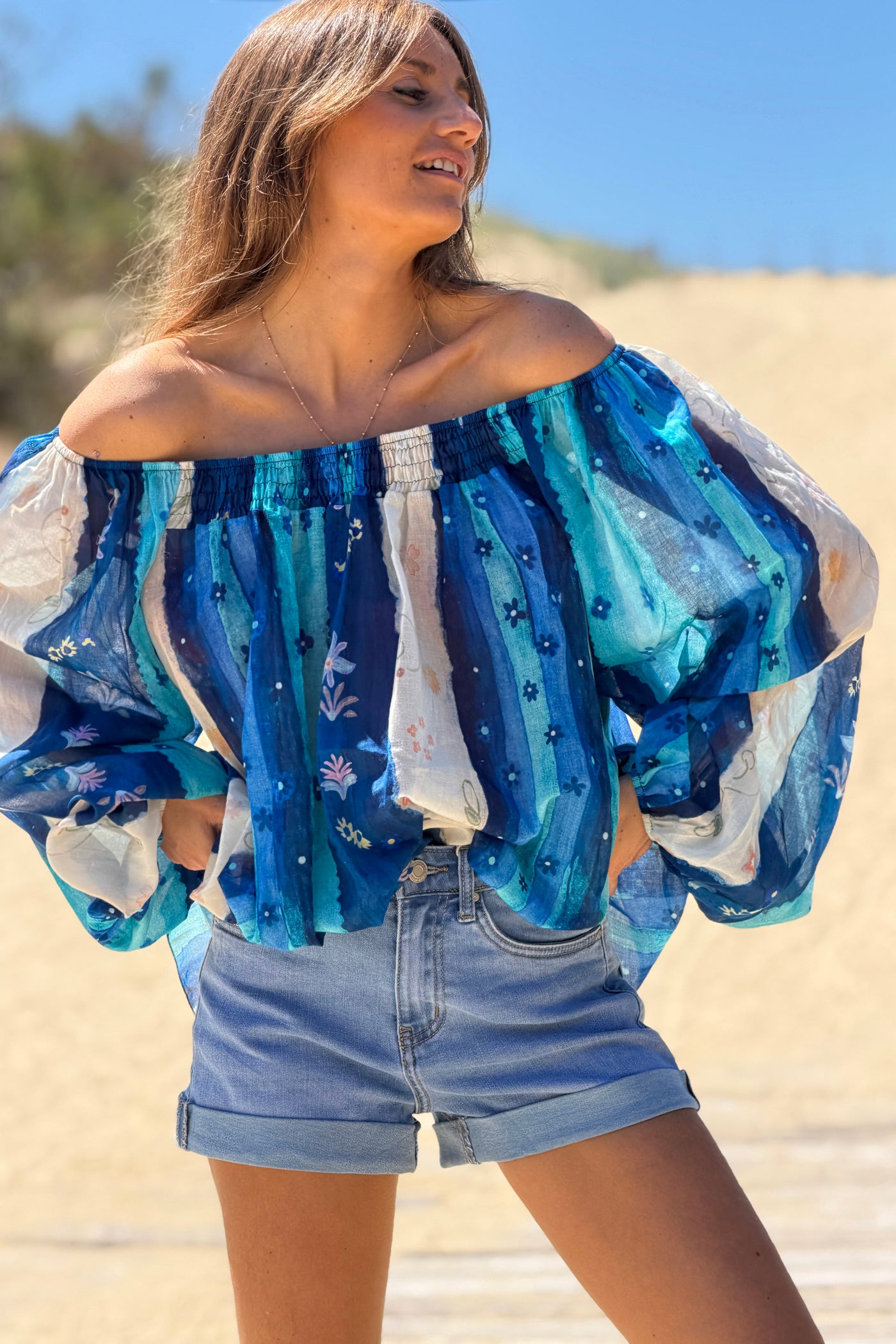 Navy blue Floral Stripe Goddess Blouse