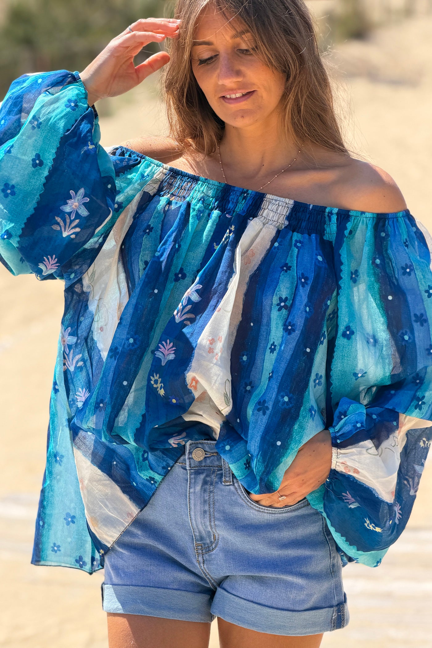 Navy blue Floral Stripe Goddess Blouse