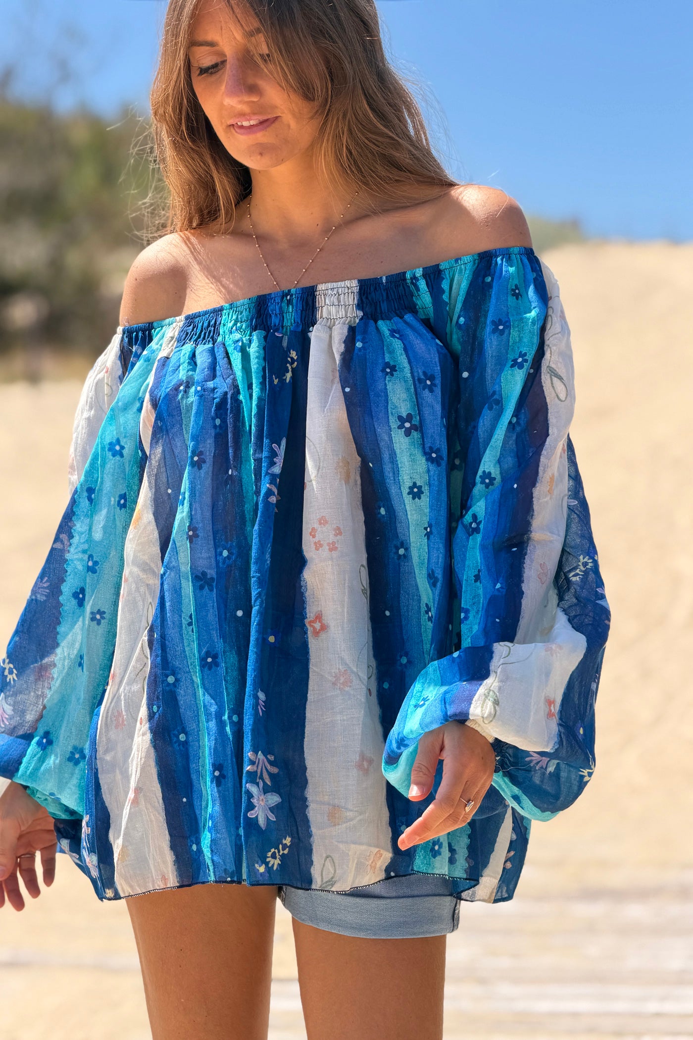 Navy blue Floral Stripe Goddess Blouse