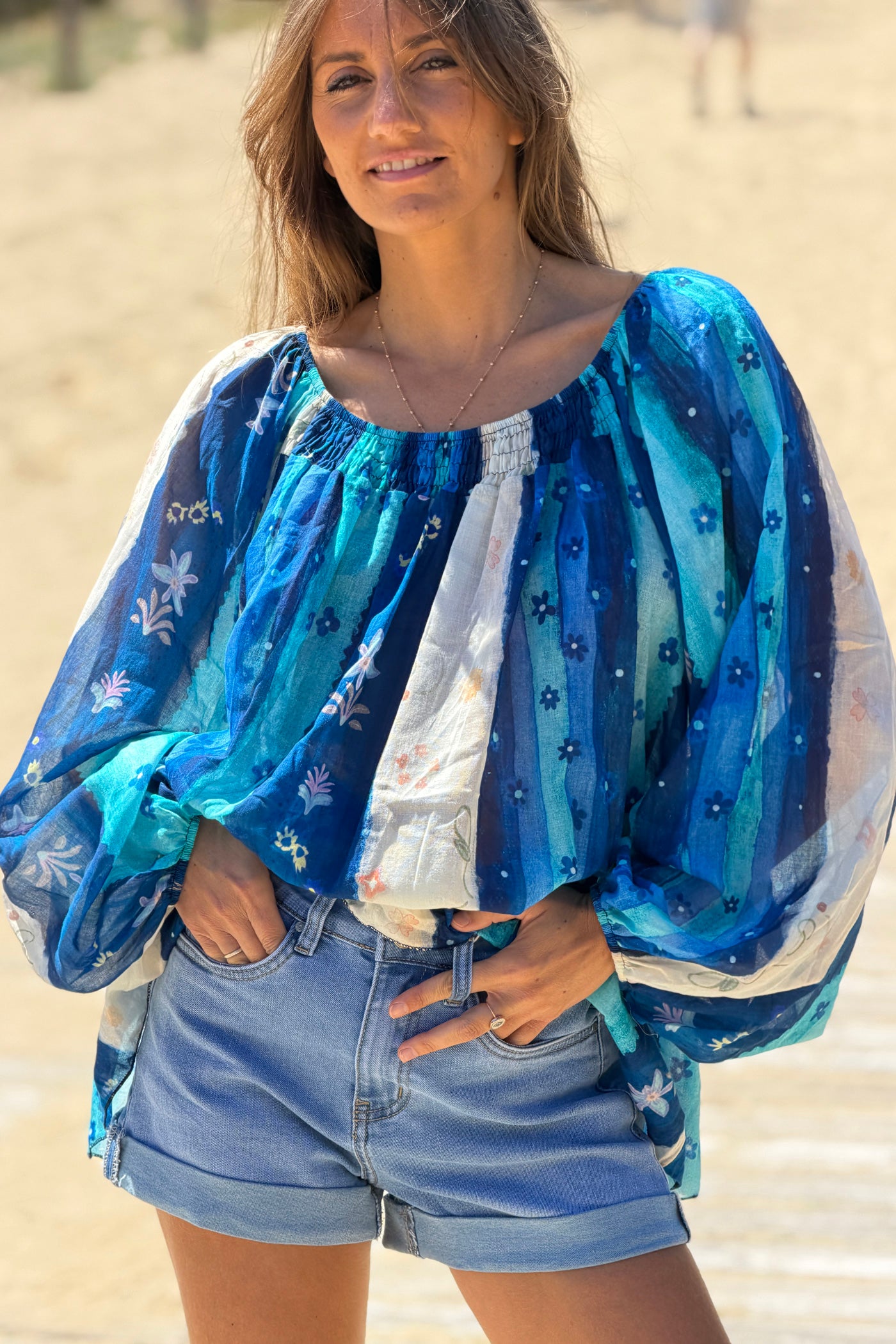Navy blue Floral Stripe Goddess Blouse