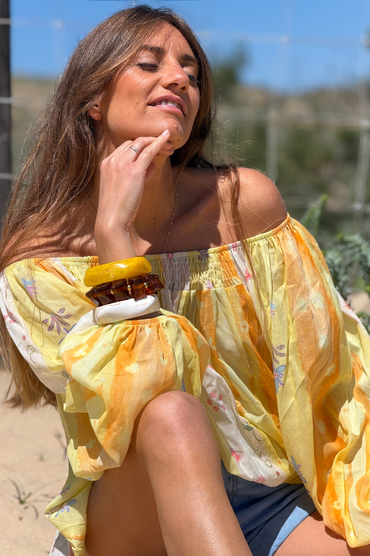 Lemon Floral Stripe Goddess Blouse