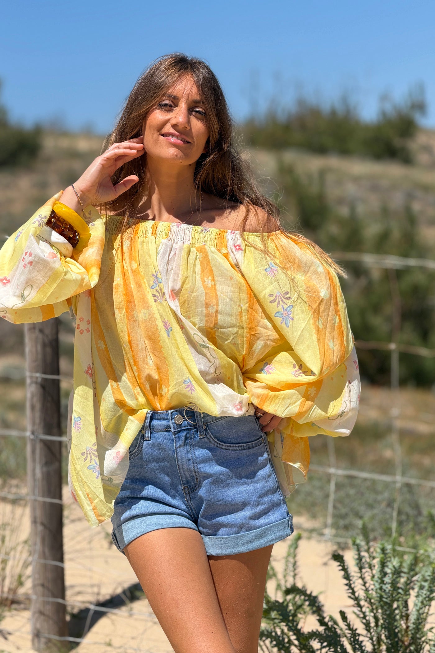 Lemon Floral Stripe Goddess Blouse