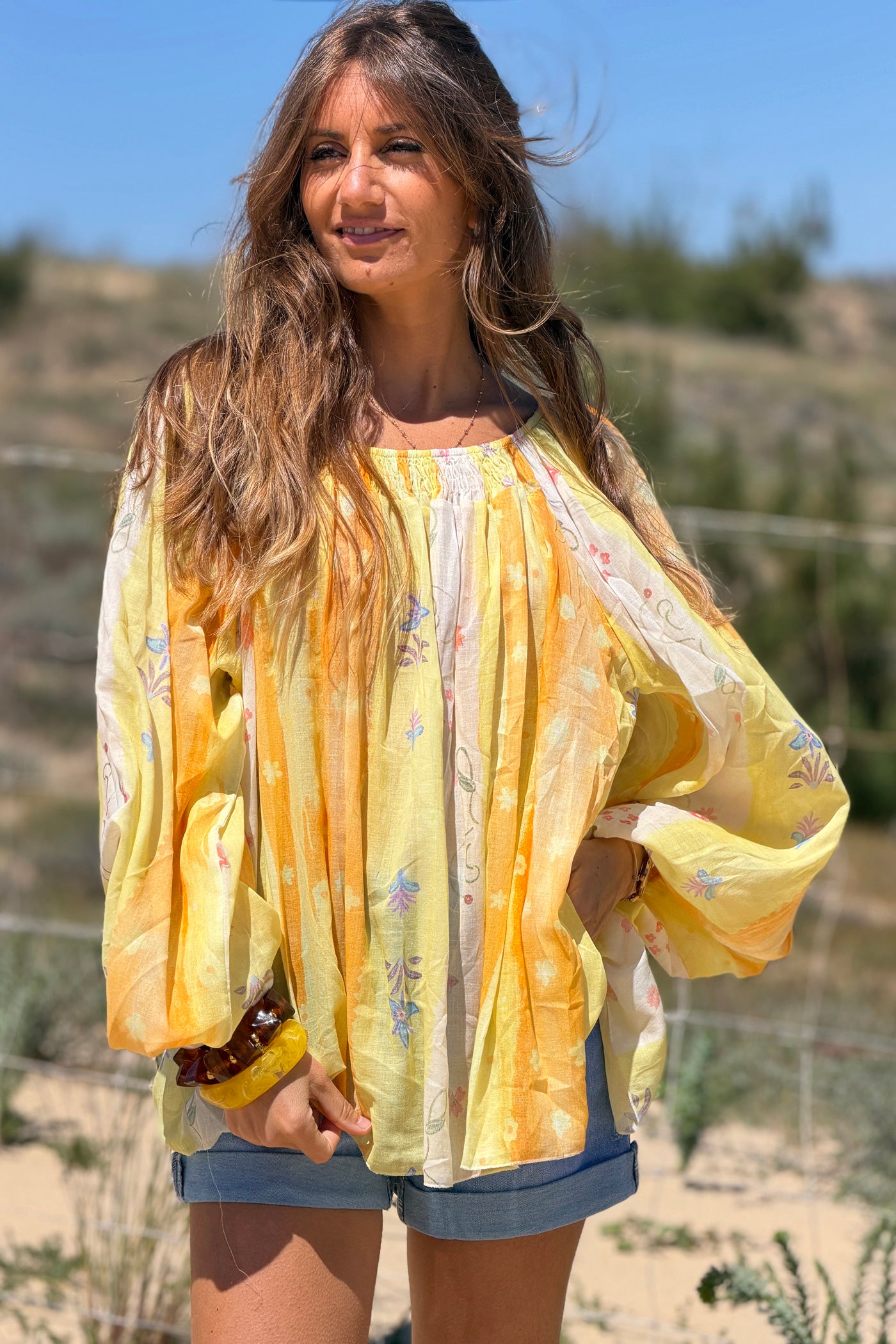 Lemon Floral Stripe Goddess Blouse