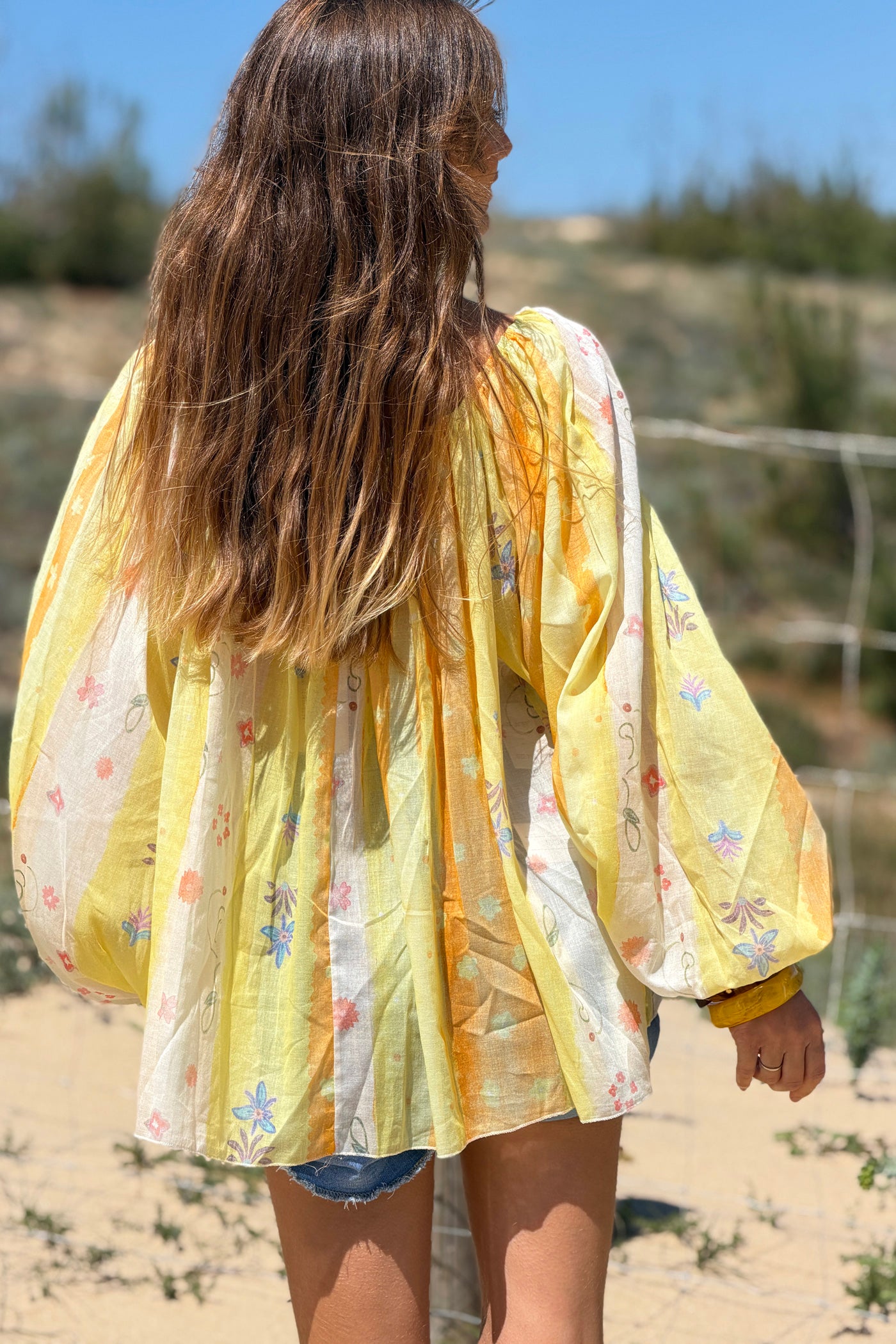 Lemon Floral Stripe Goddess Blouse