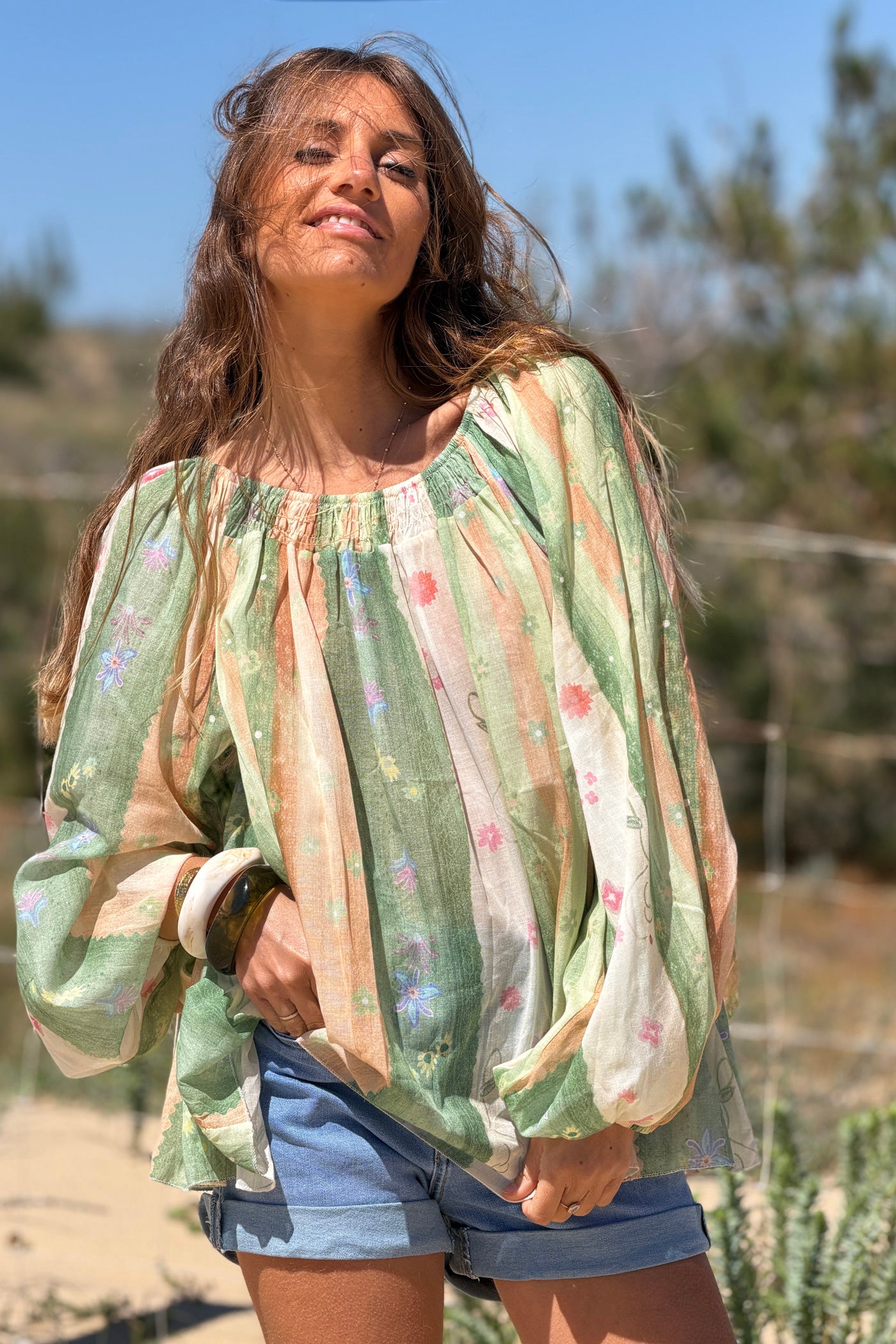 Sage Floral Stripe Goddess Blouse