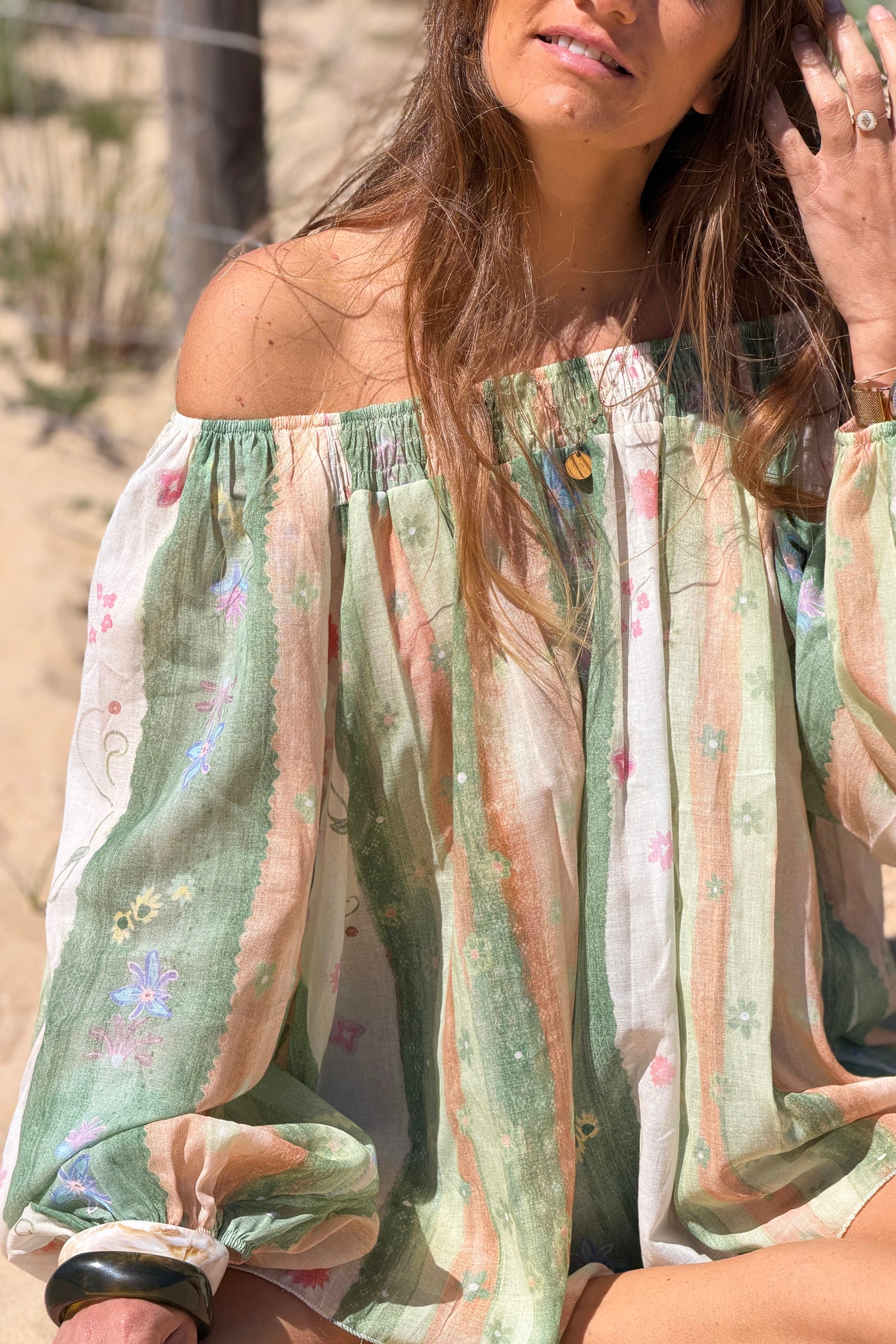 Sage Floral Stripe Goddess Blouse