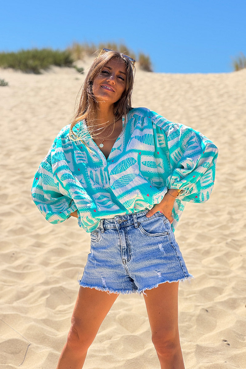 Turquoise Fish Traditional Print Button-Down Blouse