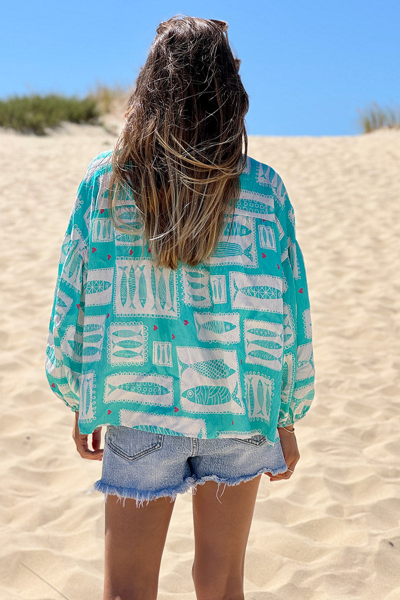 Turquoise Fish Traditional Print Button-Down Blouse