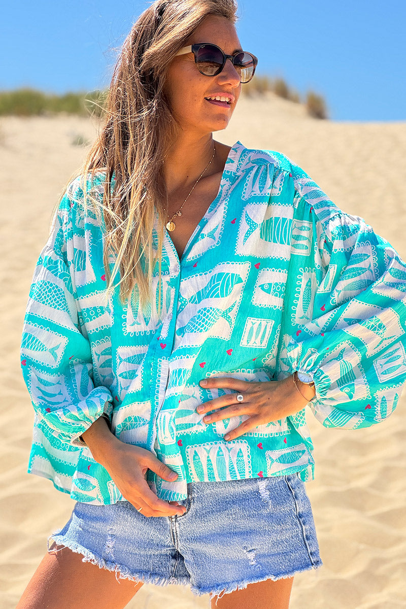 Turquoise Fish Traditional Print Button-Down Blouse