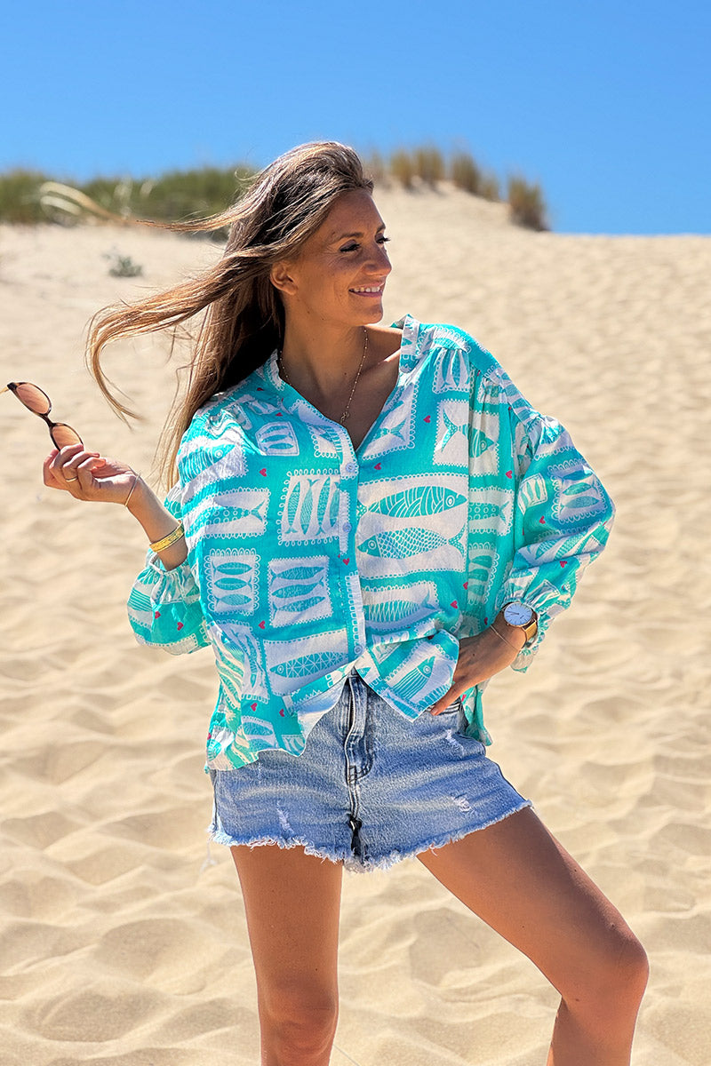 Turquoise Fish Traditional Print Button-Down Blouse
